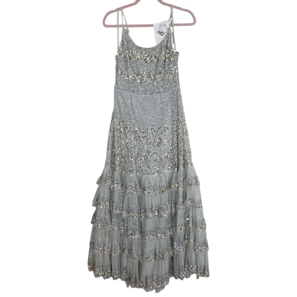 Mac Duggal Silver and White Layered Gown